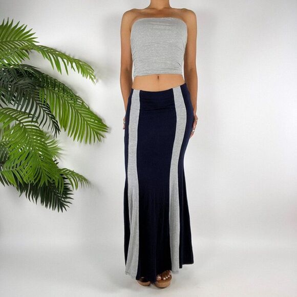 Vintage Bohemian Navy & Grey Striped Low Rise Fairycore Hippie Maxi Skirt / S - Picture 3 of 6